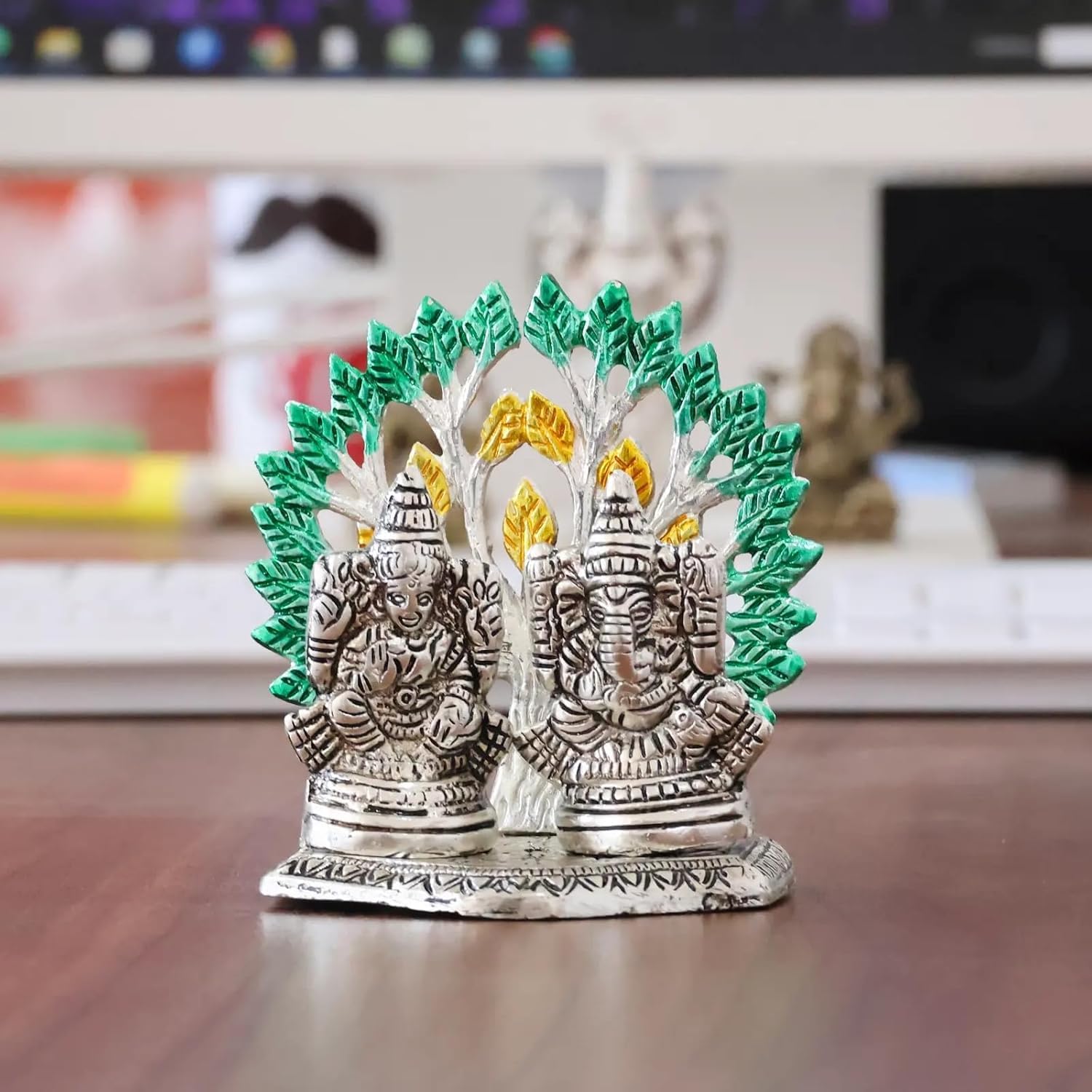 Dreamkraft Silver Finish Mini Ganesh Lakshmi Statue Intricately Designed Spiritual Showpiece (10 X 8 X 10 Cm)